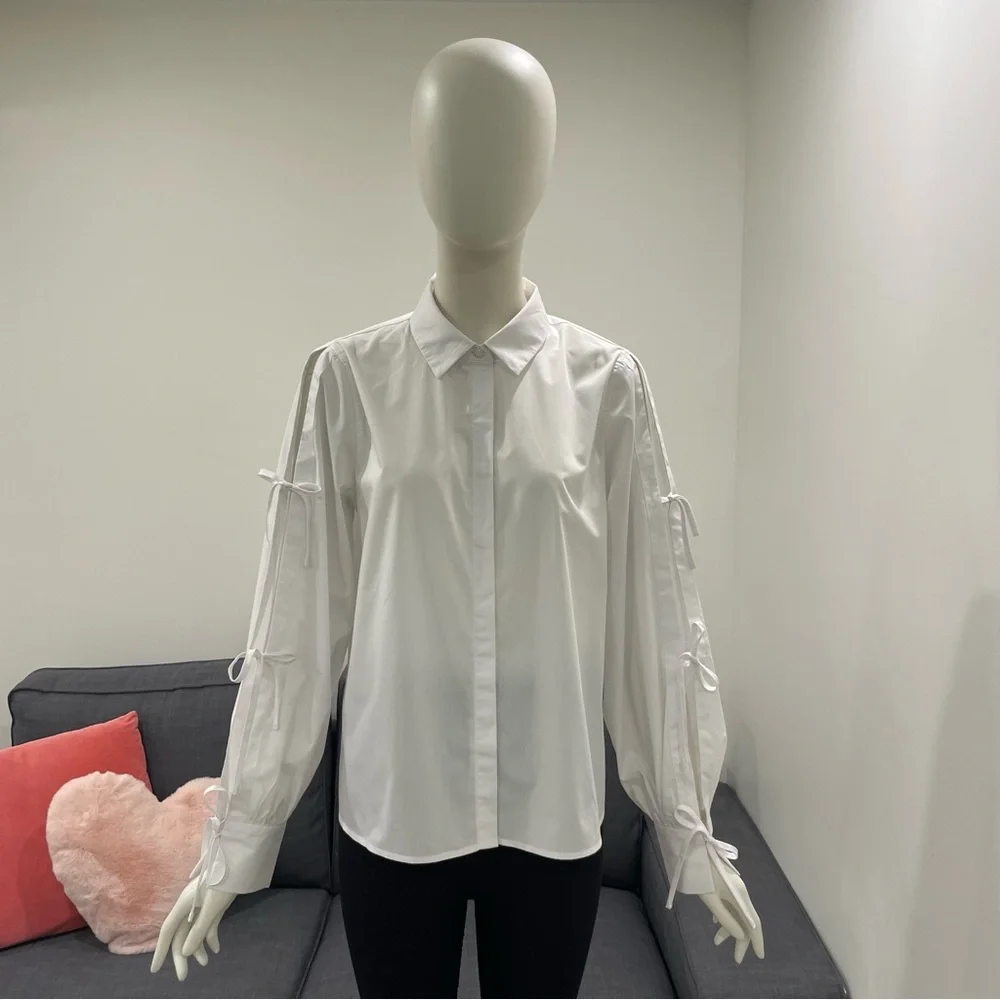 NWT KAFFE KAsara White Shirt with Tie-Up Sleeves & Pretty Pearl Button Size M - Picture 5 of 15
